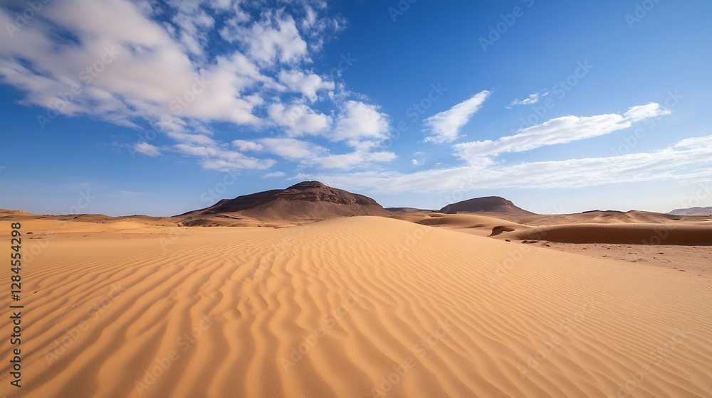 Stunning desert landscape showcasing sandy dunes and a bright blue sky with wispy clouds : Generative AI Stunning desert landscape showcasing sandy dunes and a bright blue sky with wispy clouds : Generative AI