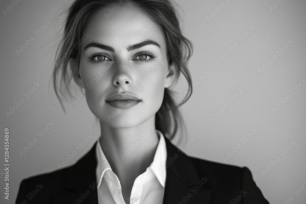 A black and white portrait of a young woman in a business suit, serious expression. A black and white portrait of a young woman in a business suit, serious expression.