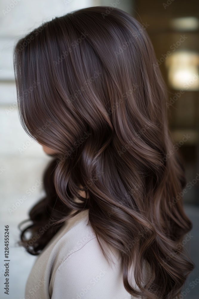 Obraz premium Dark brown hair color with shiny and smooth texture, in wavy, long hairstyle. Closeup of woman's side profile in elegant interior setting with natural lighting.