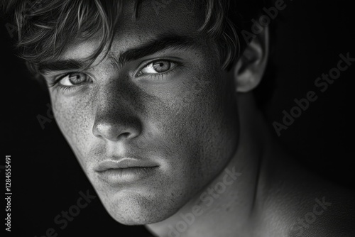 Close-up black and white portrait of a young man with freckles, intense gaze, and tousled hair.