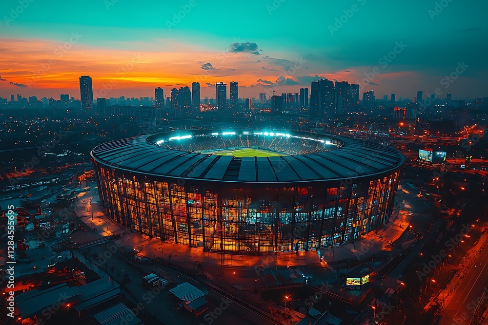 Fototapeta premium Stunning Cityscape with Illuminated Stadium at Dusk