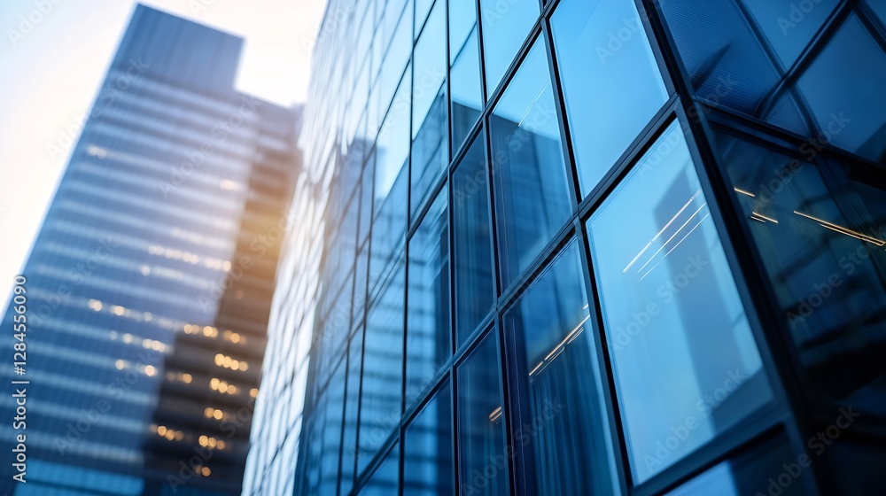 Obraz premium Modern glass buildings reflecting sunlight in a vibrant urban cityscape with towering skyscrapers : Generative AI