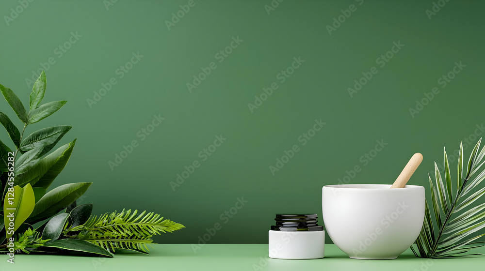 Serene Green Botanical Banner with Wellness Products Serene Green Botanical Banner with Wellness Products