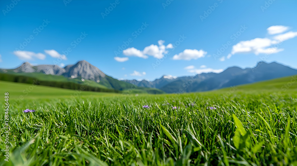Serene Green Meadow Landscape with Mountain Range Background Serene Green Meadow Landscape with Mountain Range Background