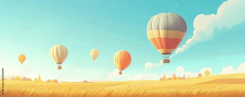 Obraz premium Colorful hot air balloons floating in clear blue sky over golden fields
