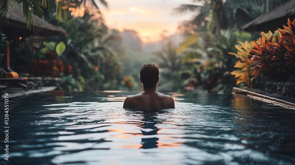 Tropical pool, man relaxing, sunset view, jungle resort, peaceful moment Tropical pool, man relaxing, sunset view, jungle resort, peaceful moment