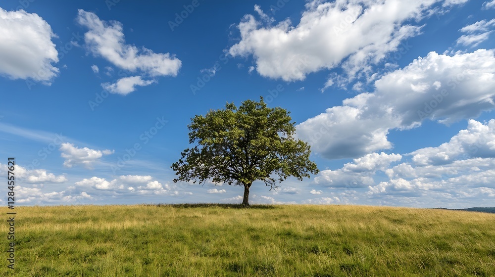 A solitary tree stands on a grassy hill under a bright blue sky with fluffy clouds : Generative AI A solitary tree stands on a grassy hill under a bright blue sky with fluffy clouds : Generative AI
