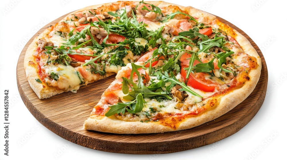 Delicious vegetarian pizza with arugula and tomatoes on wooden board Delicious vegetarian pizza with arugula and tomatoes on wooden board