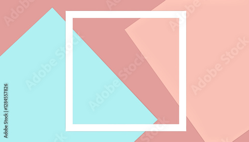 Colorful pastel blue, red and pink paper stack background and white square frame in middle, Abstract modern color banner patterns design.