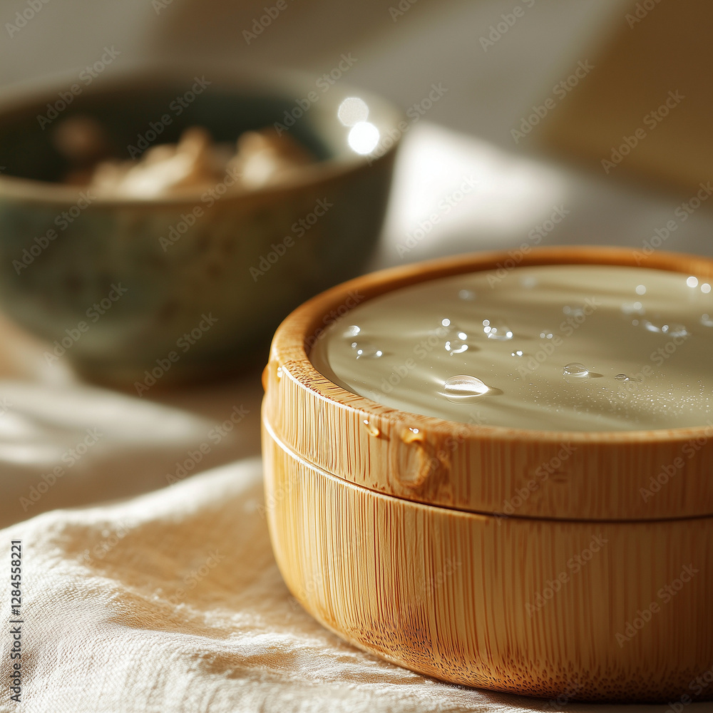 Bamboo cosmetic jar with hydrating cream and water droplets in soft light Bamboo cosmetic jar with hydrating cream and water droplets in soft light