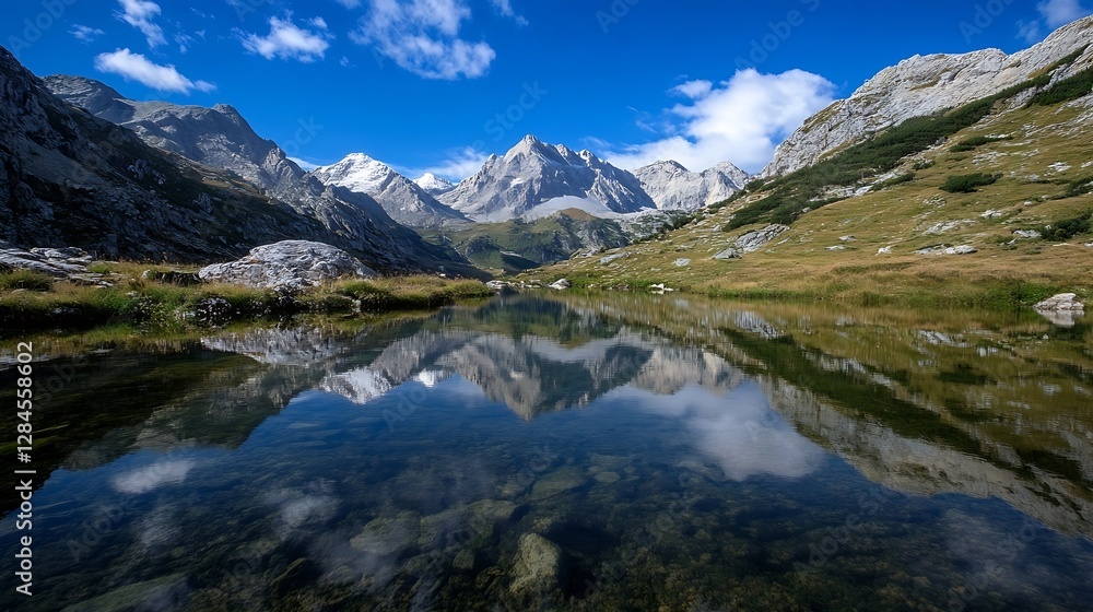 Beautiful landscape of majestic mountains reflected in a crystal clear lake under a bright blue sky : Generative AI Beautiful landscape of majestic mountains reflected in a crystal clear lake under a bright blue sky : Generative AI