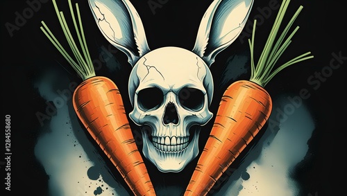 Creepy Rabbit Skull with Egg Yolk and Carrot Crossbones – Gothic Easter Art