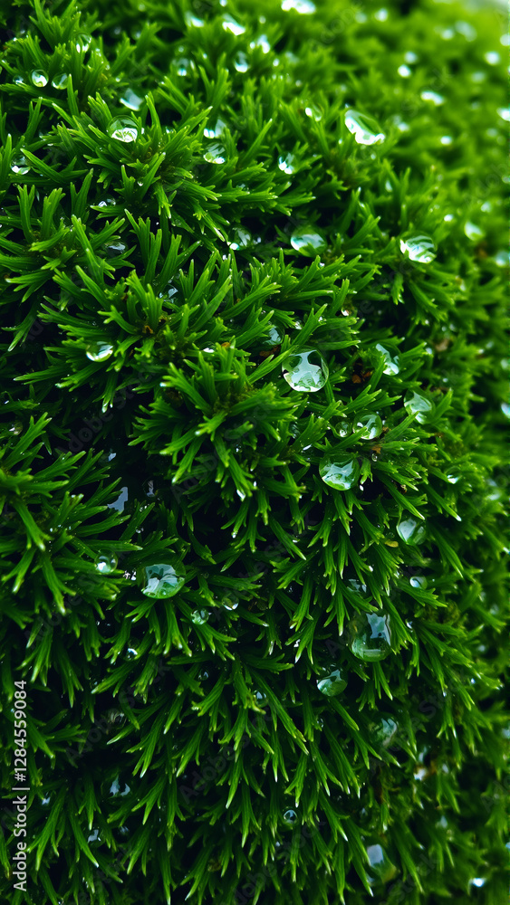 Wet green moss on the rocks