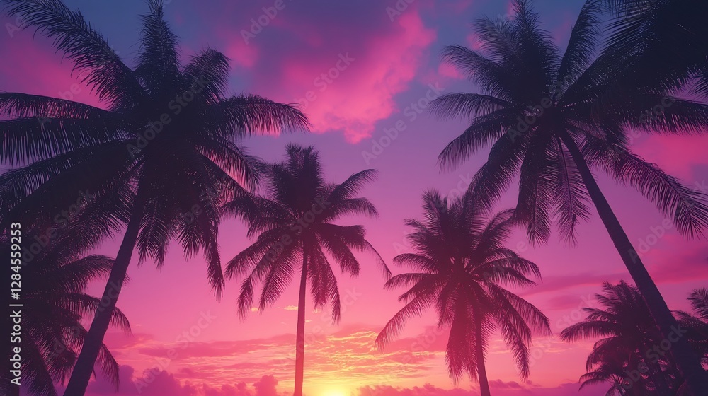 Tropical sunset silhouettes of palm trees