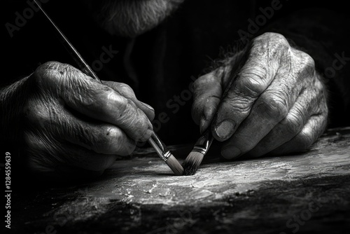 Aged artist's hands delicately hold paintbrushes, creating art with meticulous precision. photo