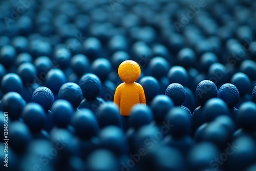 A Single Orange Figure Stands Out in a Crowd of Blues