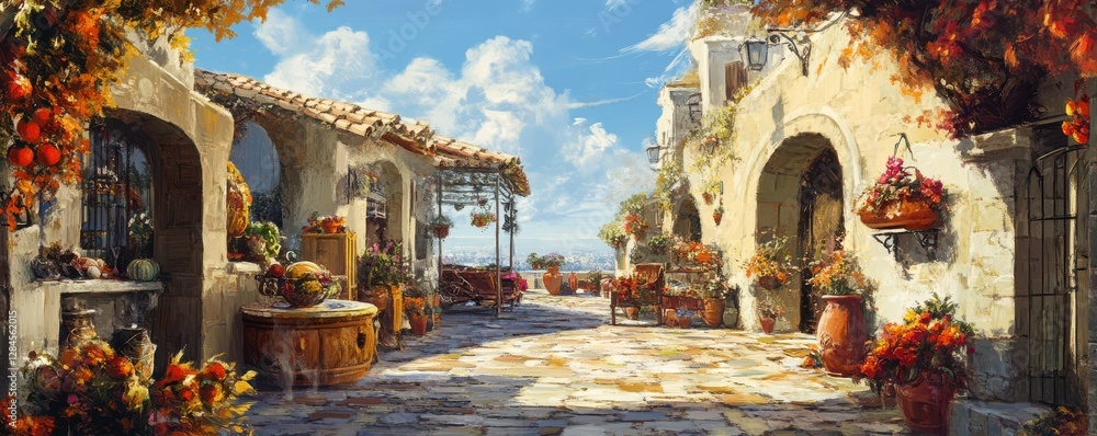 Fototapeta premium Mediterranean courtyard with flowers and fruits on a bright sunny day