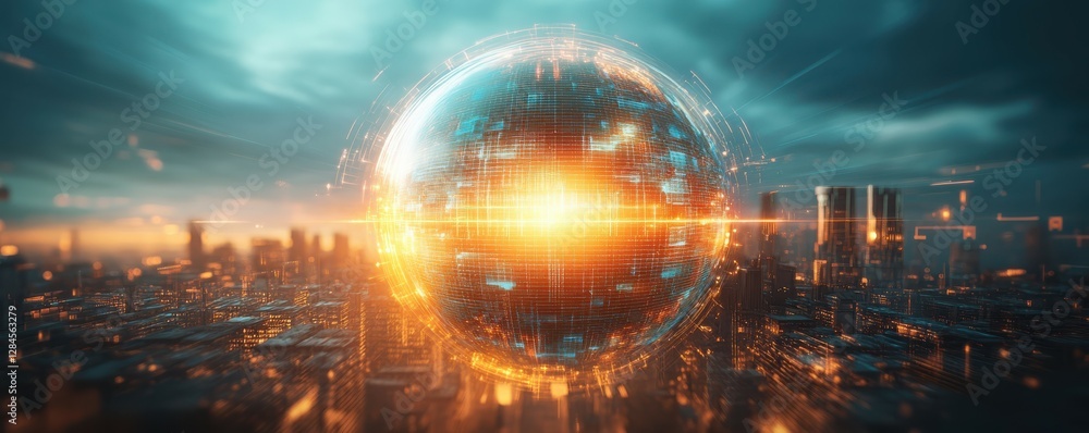 Fototapeta premium Futuristic glowing sphere with digital patterns hovering over cityscape at sunset