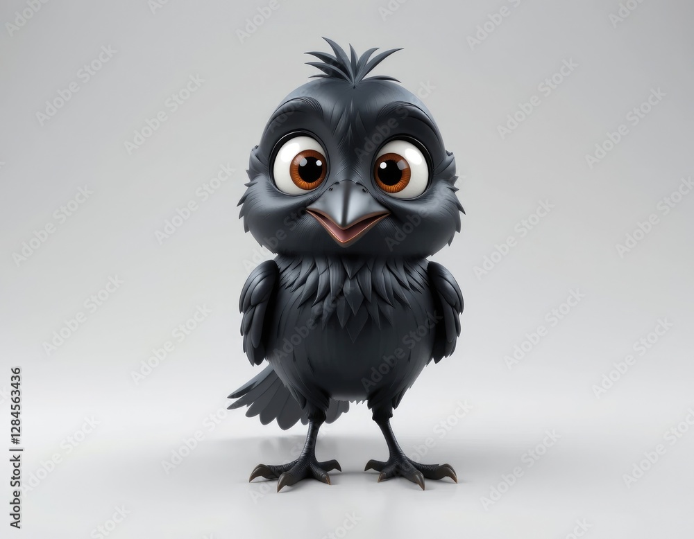 Cute Cartoon Crow Standing with Big Eyes Against a Gray Background Cute Cartoon Crow Standing with Big Eyes Against a Gray Background