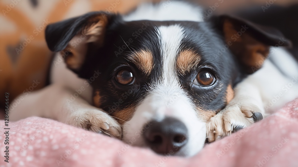 Adorable Dog Resting Comfortably on Soft Bed with Expressive Eyes and Gentle Look : Generative AI Adorable Dog Resting Comfortably on Soft Bed with Expressive Eyes and Gentle Look : Generative AI