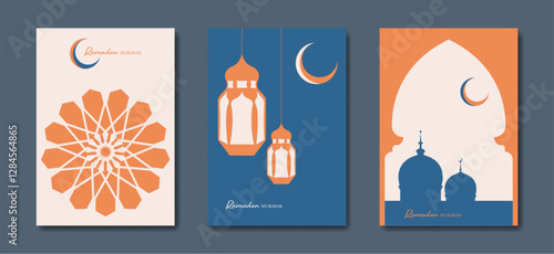 Ramadan Mubarak vector set colorful card A4. holiday posters, islamic symbol, crescent moon and mosque, arabic lantern. Concept Muslim religion vector banner, flyer, party invitation, sale shop, cover