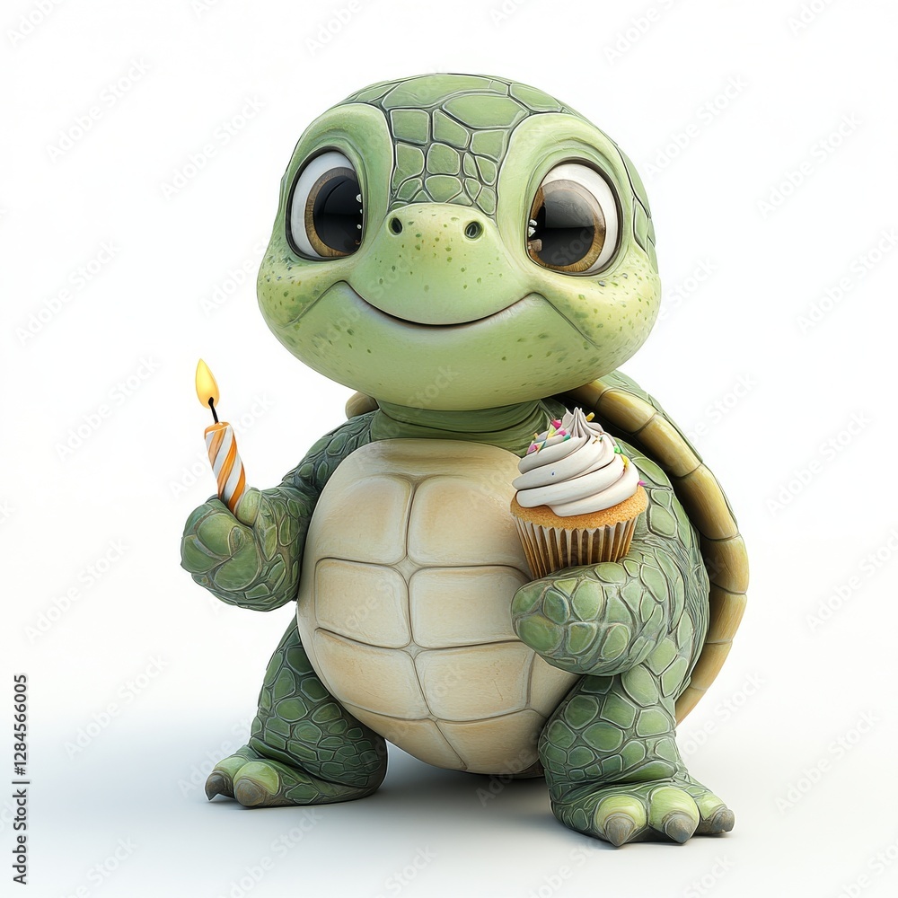 Cute turtle celebrates with a cupcake and candle, bringing joy to any birthday party on a bright white backdrop Cute turtle celebrates with a cupcake and candle, bringing joy to any birthday party on a bright white backdrop
