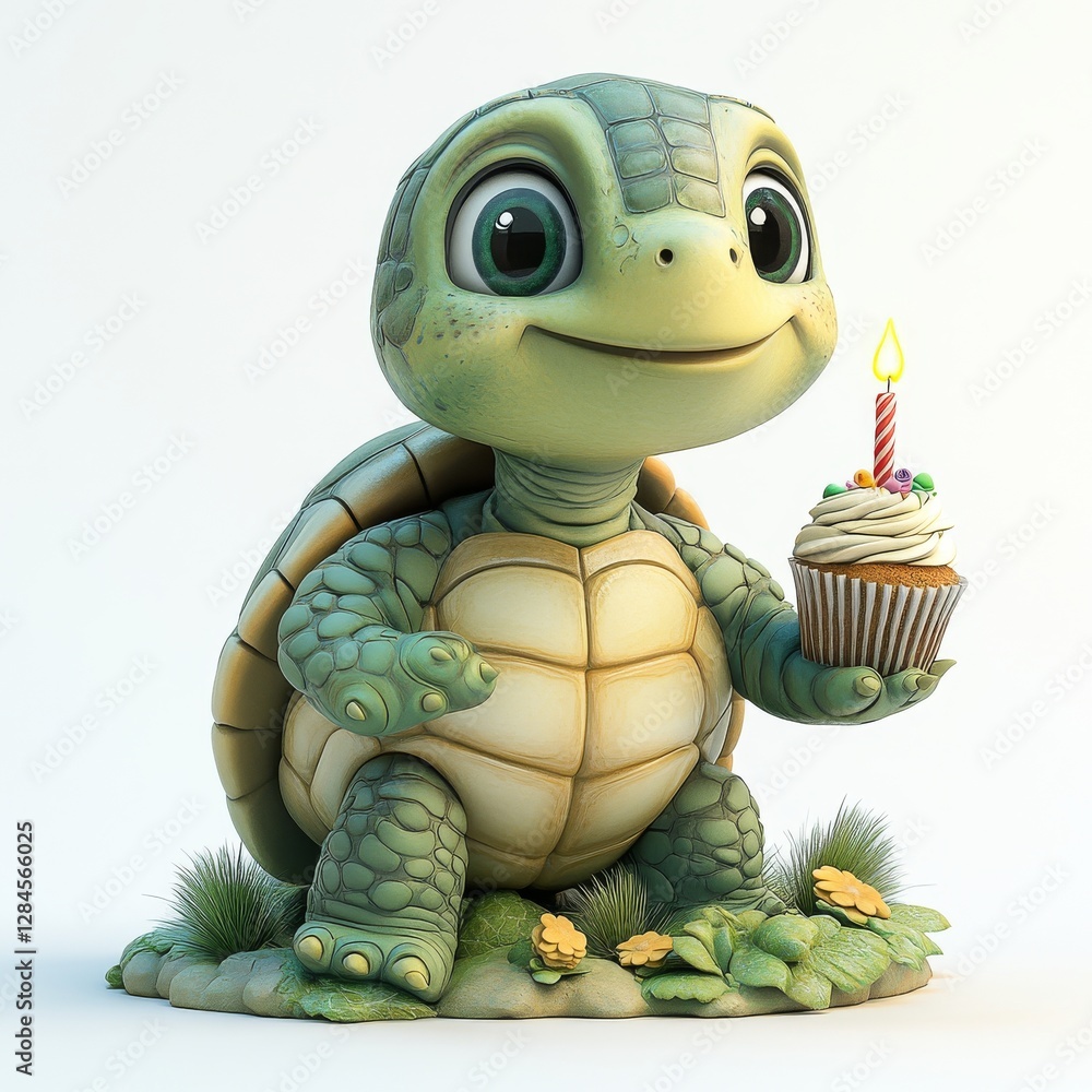 Fototapeta premium Cute cartoon turtle celebrating a birthday with a cupcake and candle on her back, surrounded by vibrant greenery on a bright white background