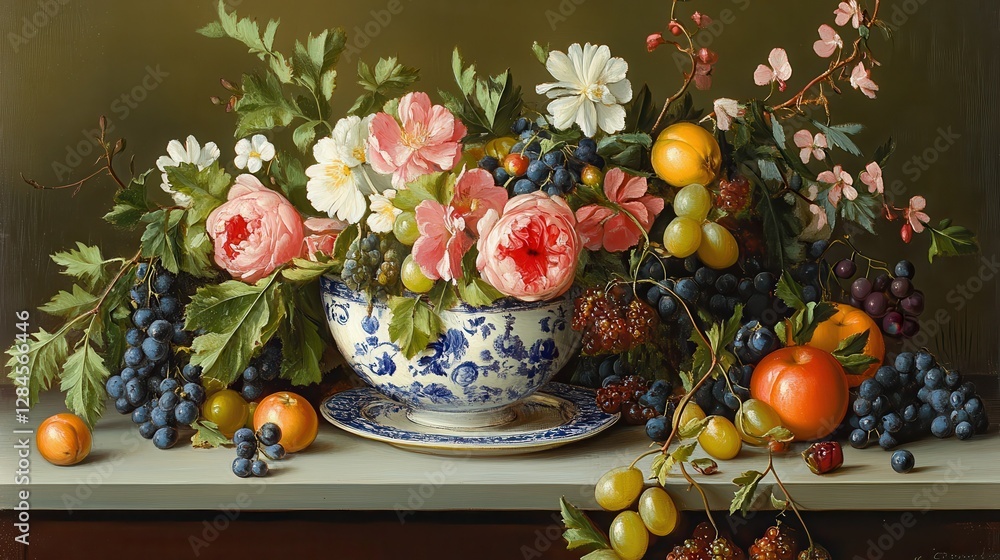 Vibrant floral and fruit still life in ornate blue vase