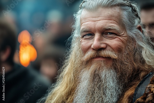 Viking reenactor smiling warmly with a braided beard during an outdoor festival at dusk photo