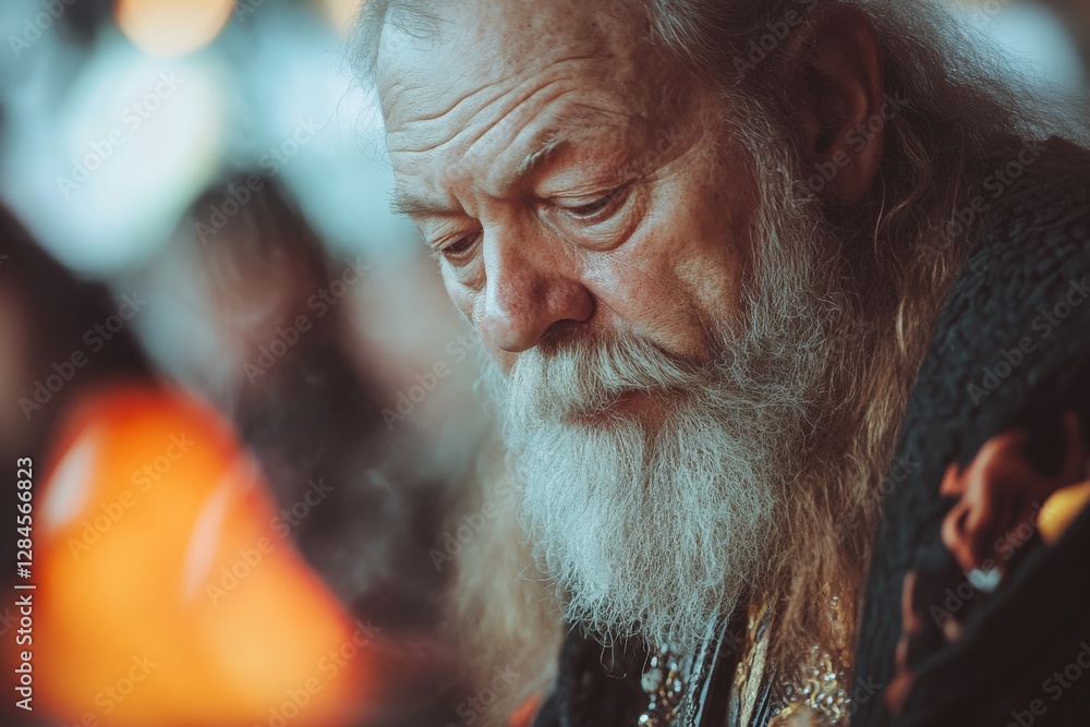 Elderly man with a long beard deep in thought at a gathering in a cozy setting during the evening Elderly man with a long beard deep in thought at a gathering in a cozy setting during the evening