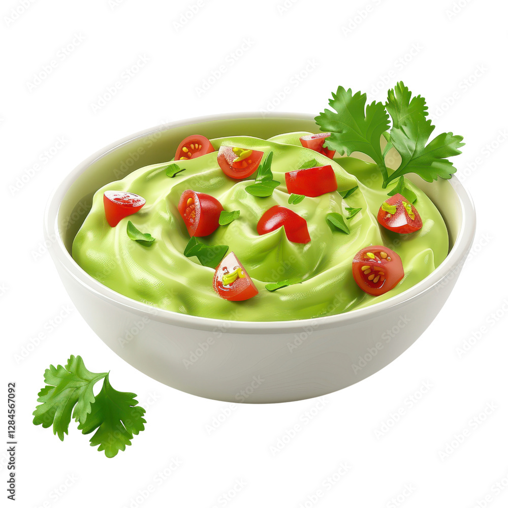 Close Up of Creamy Guacamole Dip in a White Bowl Garnished with Red Cherry Tomatoes and Fresh Close Up of Creamy Guacamole Dip in a White Bowl Garnished with Red Cherry Tomatoes and Fresh
