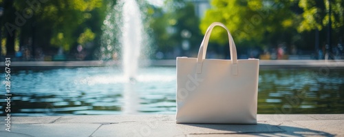 Elegant white handbag in front of fountain with blurred green background photo