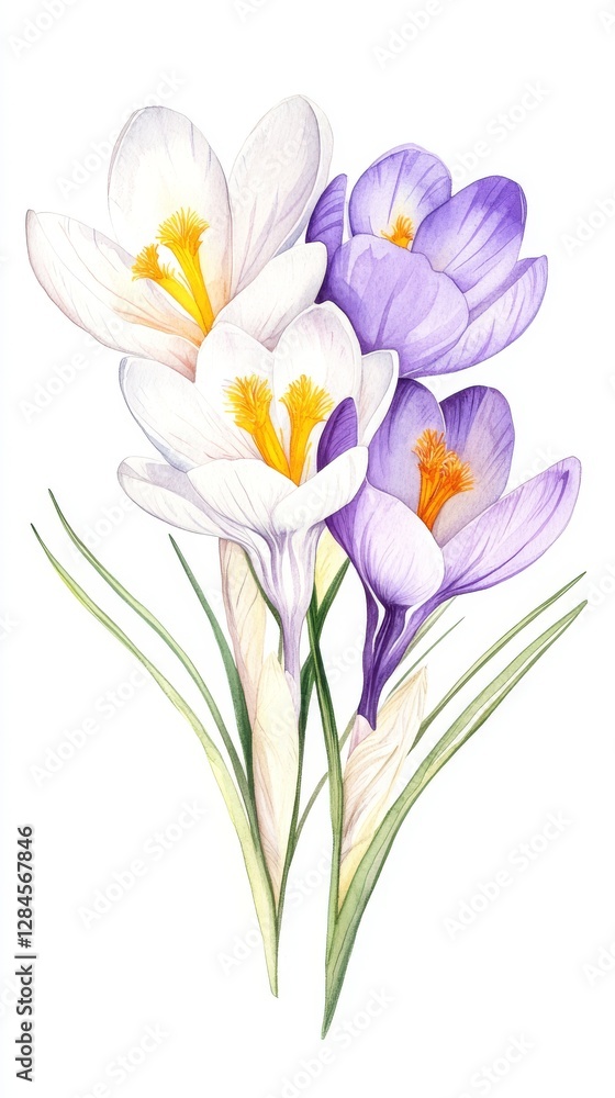 Delicate crocus blossoms showcase early spring's vibrant palette of purple, white, and yellow in a serene botanical illustration Delicate crocus blossoms showcase early spring's vibrant palette of purple, white, and yellow in a serene botanical illustration