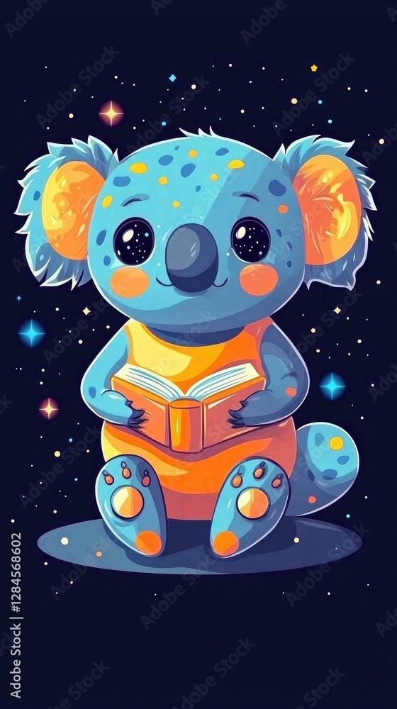 Fototapeta premium Adorable Koala Reading a Book in Space Cute Cartoon Illustration