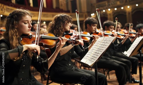 Young violinist performing with orchestra in grand concert hall.