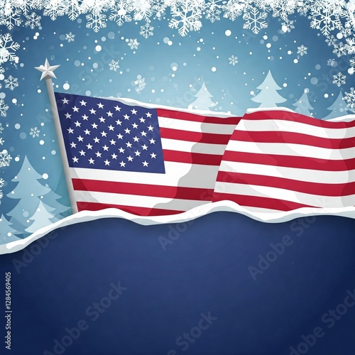 Flat vector of an American flag draped over a Christmas winter background with copy space. photo