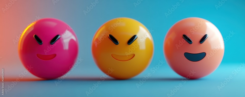 Obraz premium Three colorful spheres with angry faces on gradient background