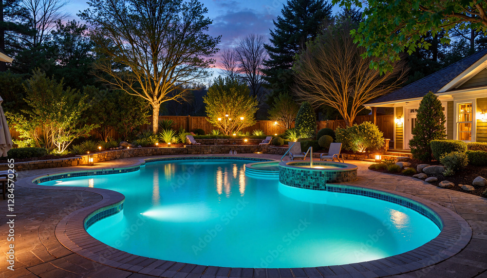 Fototapeta premium Serene illuminated swimming pool in secret garden at twilight, tranquility