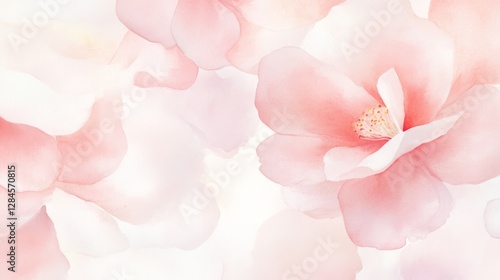 Soft blush pink and white camellias create a serene atmosphere in this delicate watercolor botanical illustration