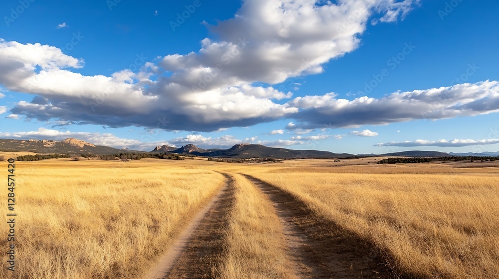 Winding dirt road meandering through golden fields beneath a sky filled with dynamic clouds : Generative AI Winding dirt road meandering through golden fields beneath a sky filled with dynamic clouds : Generative AI