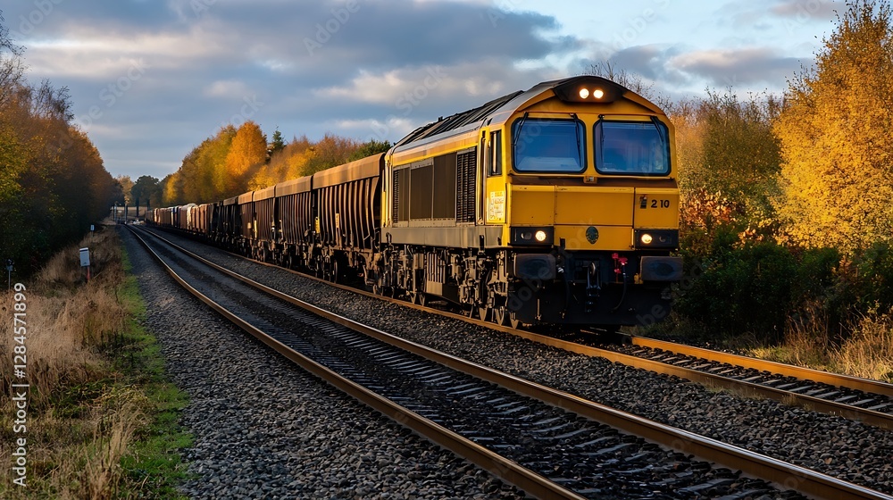 Fototapeta premium Freight Train Traveling Through Autumn Landscape Surrounded by Golden Foliage : Generative AI