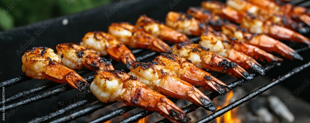 Grilled shrimp skewers with smoky charred finish on barbecue grill Grilled shrimp skewers with smoky charred finish on barbecue grill