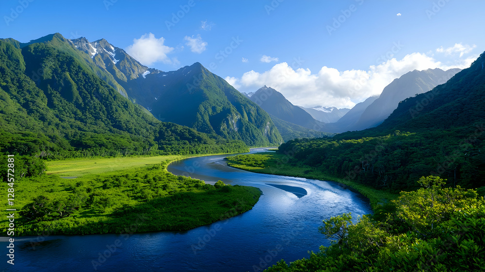 Sweeping View of Lush Green Valley with Winding River and Mountains Sweeping View of Lush Green Valley with Winding River and Mountains
