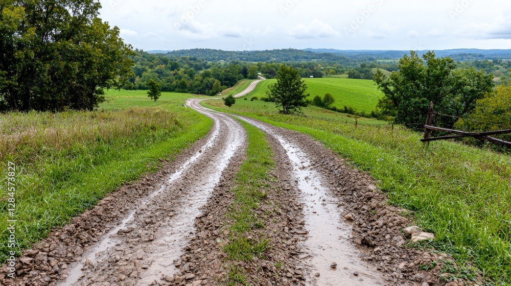 Winding country road, hills, green fields, cloudy sky, rural landscape, travel imagery Winding country road, hills, green fields, cloudy sky, rural landscape, travel imagery