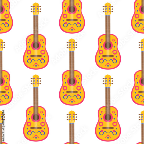 Seamless pattern with yellow and pink acoustic guitar on white background. String music instrument. Mexican or brazilian traditional party. Vector flat illustration for wallpaper, textile, packaging