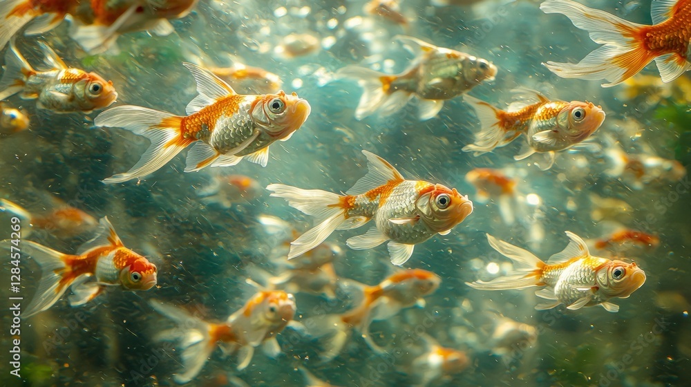 Goldfish schooling in aquarium with sunlight Goldfish schooling in aquarium with sunlight