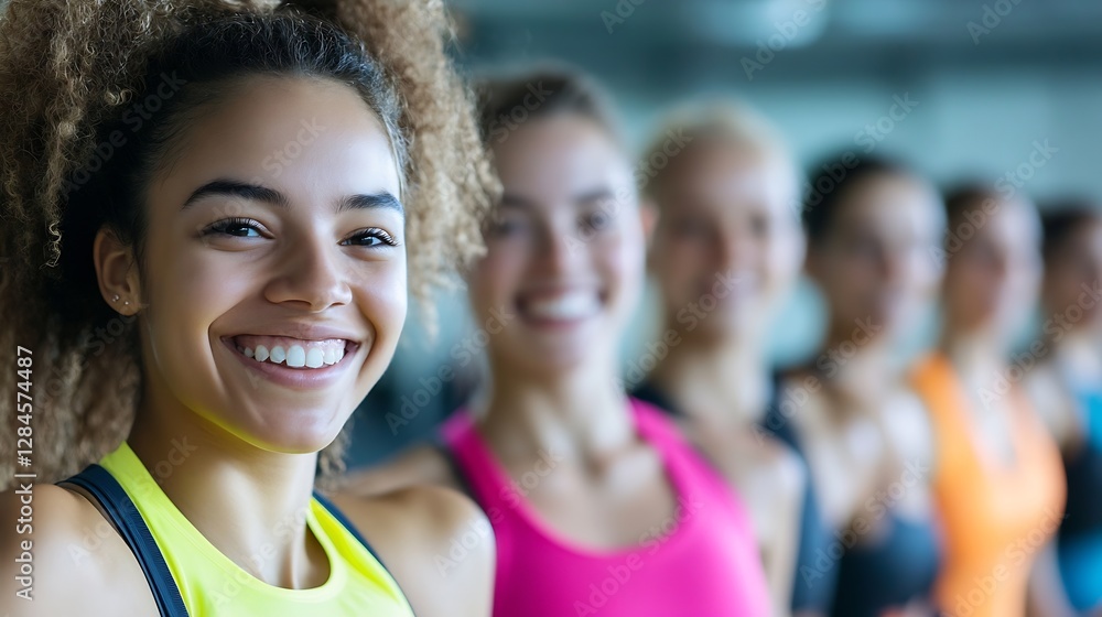 Diverse group of smiling women in bright workout gear at the gym with focus on fitness and health : Generative AI Diverse group of smiling women in bright workout gear at the gym with focus on fitness and health : Generative AI