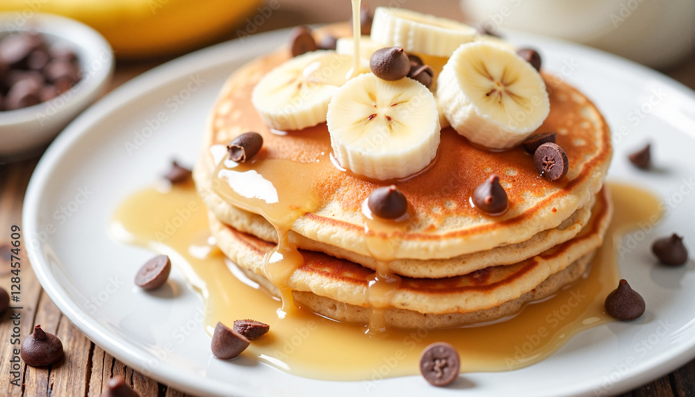 Delicious fluffy pancakes topped with sliced bananas and scattered chocolate chips, drizzled with syrup, inviting breakfast treat. Delicious fluffy pancakes topped with sliced bananas and scattered chocolate chips, drizzled with syrup, inviting breakfast treat.