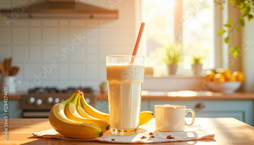 Vibrant banana milk protein shake sitting on a kitchen island with fresh bananas, bright morning sun. Concept of healthy lifestyle and nutritious drinks. photo