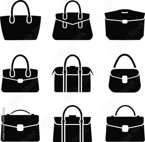 Handbag Silhouettes Collection, Fashionable Purse and Tote Bag Icons